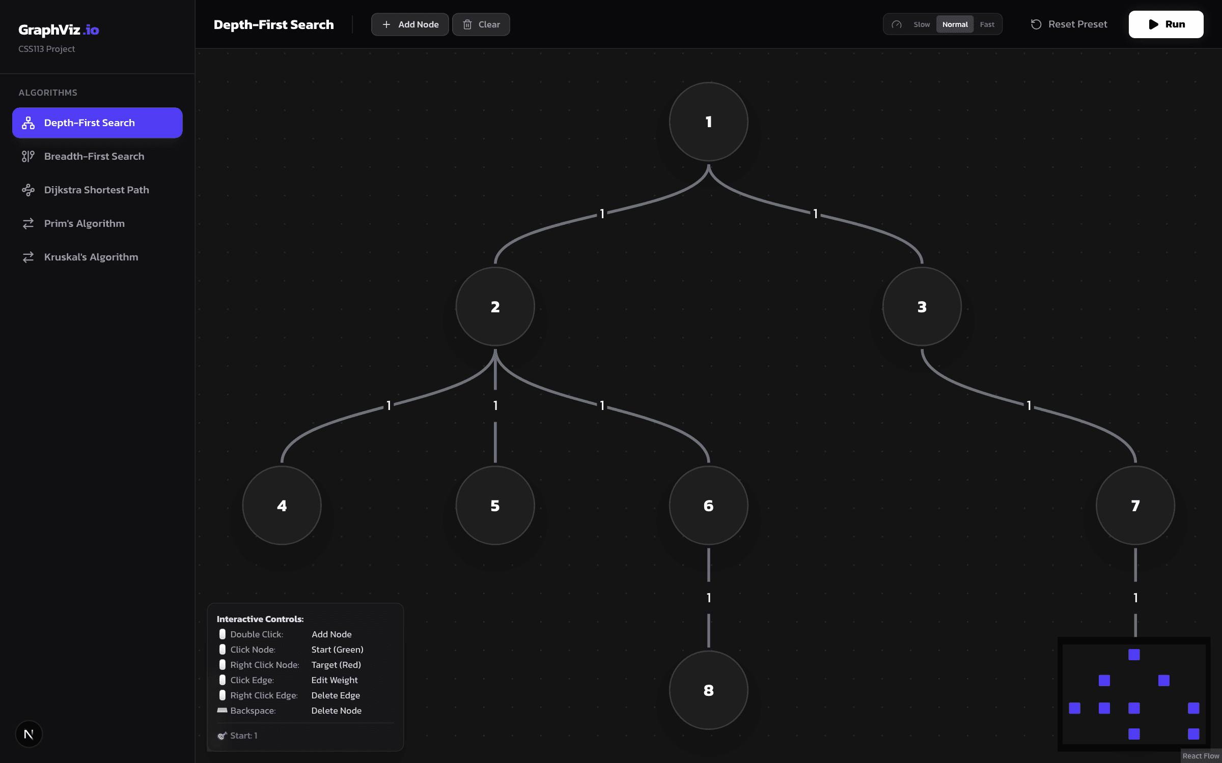 GraphViz.io algorithm studio showing a graph canvas, algorithm sidebar, and interactive controls.